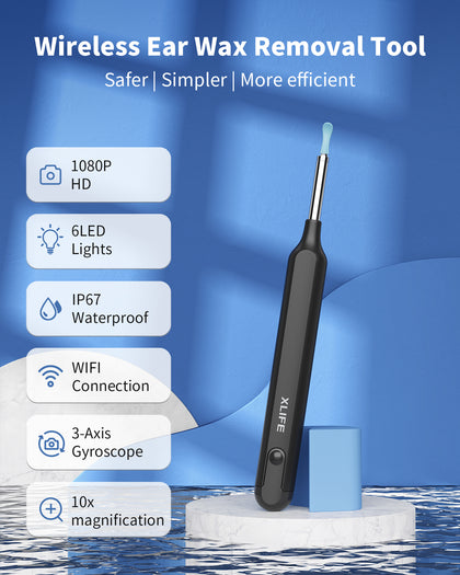 Yumika Ear Wax Removal Tool, Ear Cleaner with 1080P HD Camera, Ear Cleaner Kit with 7 PCS Ear Set, Wireless Otoscope with 6 Lights, Ear Wax Removal Kit for iPhone, iPad, Android Smart Phones（Black）